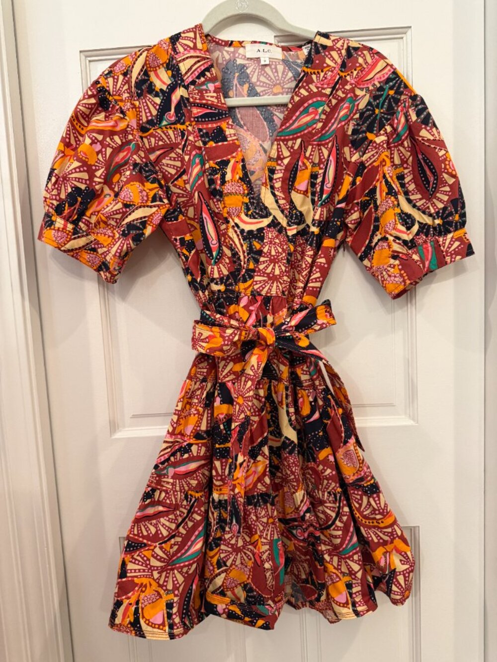 ALC Carey Dress in multicolored paisley print, short puffed sleeve, belted waist